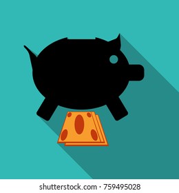 Piggy bank with bill icon flat design with long shadows