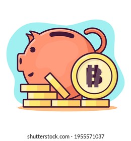 piggy bank with bitcoin coin isolated cartoon vector illustration in flat style