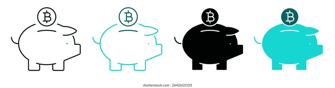 Piggy bank with bitcoin coin symbol. Cryptocurrency, finance, money, savings or investment concept. Line and solid icon set. Outline logo for web, ui, or mobile app. Editable vector stroke. 