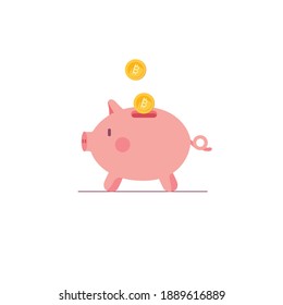 Piggy bank with bitcoin isolated on white background. Blockchain, cryptocurrency concept. Bitcoin saving or accumulation of money, investment. Vector illustration in cartoon flat style