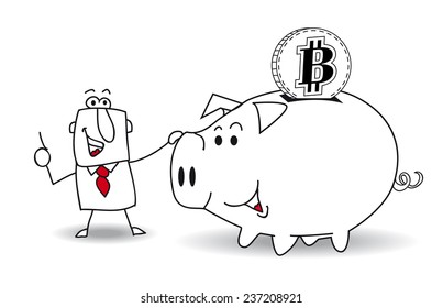 Piggy bank and bitcoin. This business man saves money in his Piggy bank . It's a metaphor. It's a good plan for the future