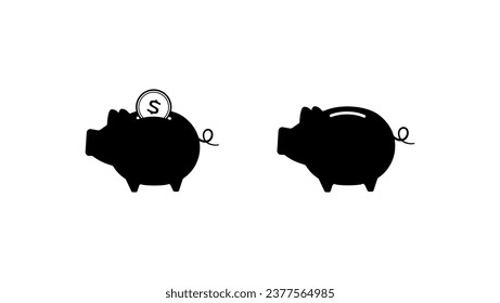 Piggy Bank, Black isolated icon set