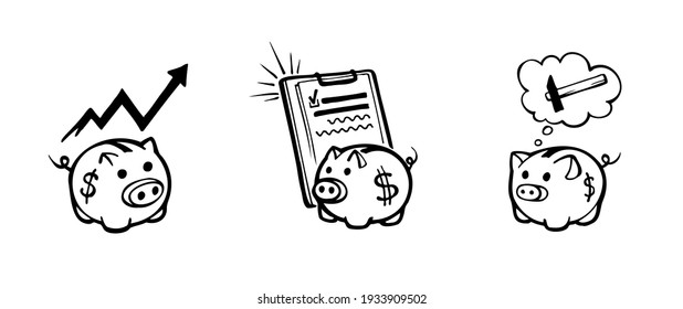 piggy bank black and white hand drawn sketch illustration Vector set for design