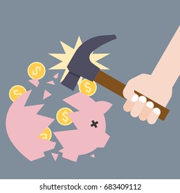 piggy bank breaking by hand holding hammer, flat design vector, saving concept