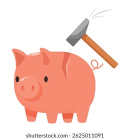 Piggy bank breaking with hammer representing spending savings, financial crisis, and economic hardship