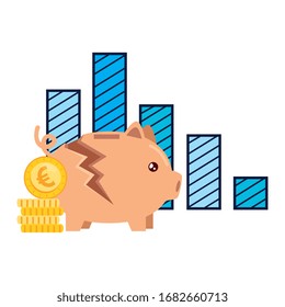 piggy bank broken with coins euro and infographic vector illustration design