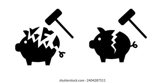 Piggy bank and broken piggy bank with hammer icon. Financial crisis. Savings. broke. Inflation. The concept of saving or save money. Safe box. Lose savings
break sign.