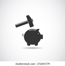 piggy bank broken with hammer icon concept