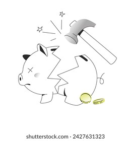 Piggy bank broken with hammer. Linear flat vector illustration isolated on white background. Financial crash or money losing concept. Editable stroke.