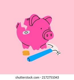 Piggy bank. Broken pig, coins, hammer. Earning money, savings, investment, business advertising concept. Hand drawn bright isolated modern Vector illustration