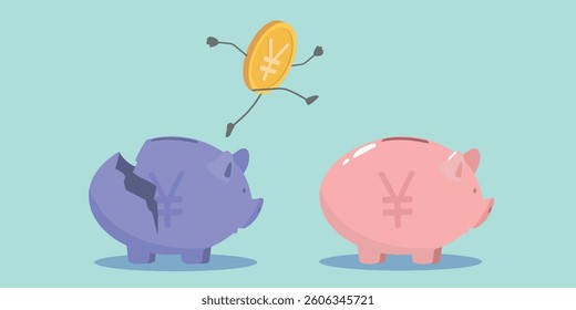 Piggy bank, broken piggy bank without money, saving money, financial difficulties, lack of money, inflation, economic recession. Vector illustration coin yen, yuan, financial security
