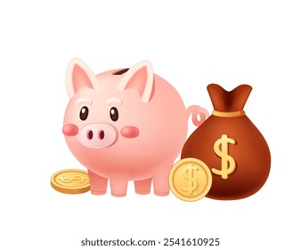 Piggy bank with brown money bag and coins, symbolizing savings, budgeting, and financial planning. Suitable for personal finance, banking, and investment themes. Vector illustration isolated on white.