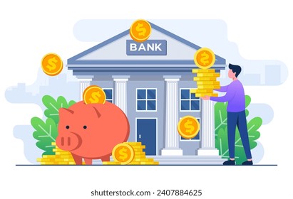 Piggy bank with bank building and coins flat illustration vector template, Saving money, Passive income, Investment concept, Moneybox, Accumulation money, Deposit money, Banking