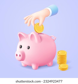 Piggy bank with business hand holding golden coin 3d illustration