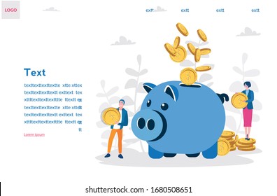Piggy bank, business man and woman hold money. Vector illustration for web banner, infographics, mobile. golden coin.