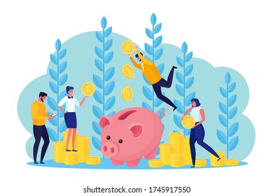 Piggy bank with business people, banking employee. Money box in the form of a pink piglet with golden coins. Savings, open bank deposit. Save money, income. Financial investing service. Vector design