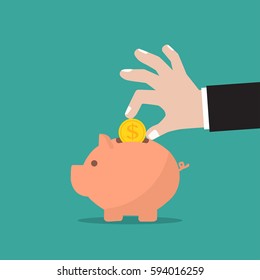 Piggy Bank And Businessman Hand With Coin In A Flat Design