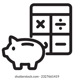 Piggy bank with calculator icon, Save money concept, Vector outline illustration.