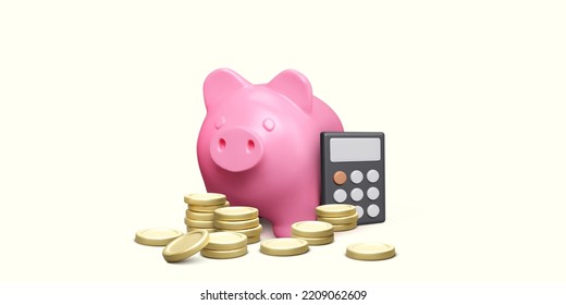 Piggy bank with calculator and stacks of gold coins. Money savings and finance expense management. Income tax or deposit bank account concept. Vector illustration