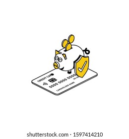 Piggy bank card security. Vector line, 3d stroke isometric, color web icon, new flat style. Creative illustration design, abstract idea for infographics.