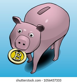 The piggy bank carries bitcoin in its mouth.