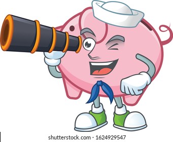 Piggy bank cartoon happy Sailor style with binocular