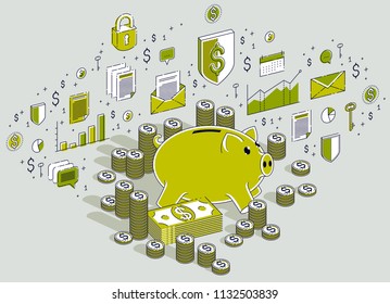 Piggy bank with cash money dollar stacks and coins piles isolated on white, personal savings concept. Isometric 3d vector finance illustration with icons, stats charts and design elements.