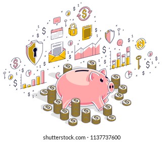 Piggy bank with cash money dollar stacks and coins piles isolated on white, personal savings concept. Isometric 3d vector finance illustration with icons, stats charts and design elements.