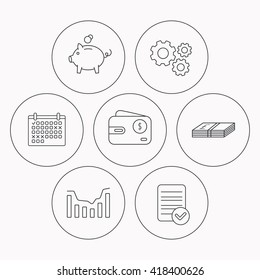 Piggy bank, cash money and dynamics chart icons. USD wallet linear sign. Check file, calendar and cogwheel icons. Vector