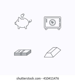 Piggy bank, cash money and safe icons. Gold bar linear sign. Flat linear icons on white background. Vector