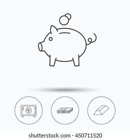 Piggy bank, cash money and safe icons. Gold bar linear sign. Linear icons in circle buttons. Flat web symbols. Vector