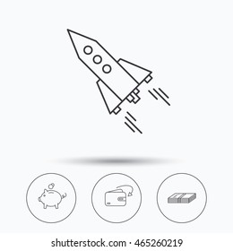 Piggy bank, cash money and startup rocket icons. Wallet, receive money linear signs. Linear icons in circle buttons. Flat web symbols. Vector