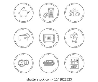 Piggy bank, cash money and wallet icons. Safe box, send money and dollar usd linear signs. Give money, coins and ATM icons. Linear Circles web buttons with icons. Vector