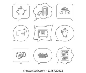 Piggy bank, cash money and wallet icons. Safe box, send money and dollar usd linear signs. Give money, coins and ATM icons. Linear Speech bubbles with icons set. Comic chat balloon. Vector