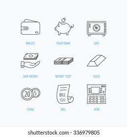 Piggy bank, cash money and wallet icons. Safe box, gold bar and dollar usd linear signs. Bill, coins and ATM icons. Linear set icons on white background.