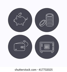 Piggy bank, cash money and wallet icons. Safe box, send money linear signs. Flat icons in circle buttons on white background. Vector