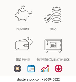 Piggy bank, cash money and wallet icons. Safe box, send money linear signs. Calendar, Graph chart and Cogwheel signs. Download colored web icon. Vector