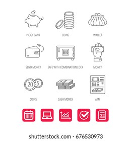 Piggy bank, cash money and wallet icons. Safe box, send money and dollar usd linear signs. Give money, coins and ATM icons. Report document, Graph chart and Calendar signs. Laptop and Check web icons