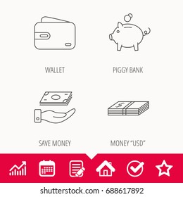 Piggy bank, cash money and wallet icons. Save money linear sign. Edit document, Calendar and Graph chart signs. Star, Check and House web icons. Vector