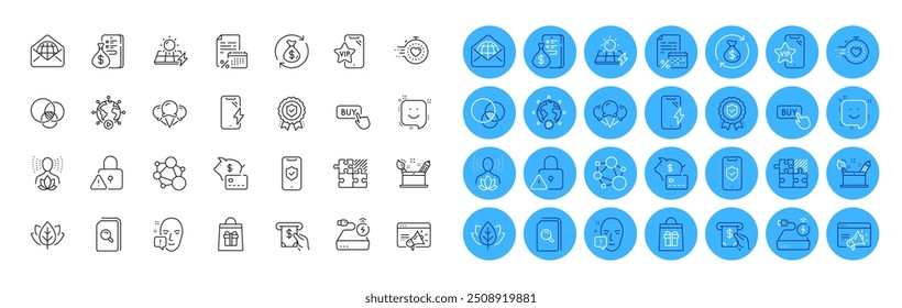 Piggy bank, Change money and Yoga balance line icons pack. Holidays shopping, Creativity concept, Organic tested web icon. Web mail, Solar panels, Vip phone pictogram. Smile, Atm service. Vector