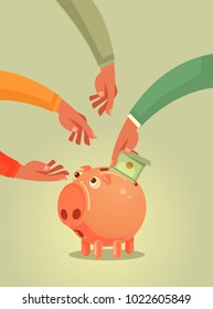 Piggy bank character with money. Vector flat cartoon illustration