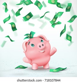 Piggy bank character rejoices to money rain