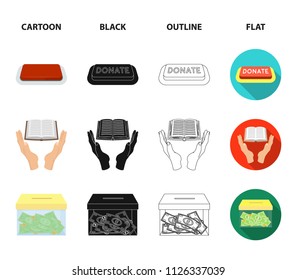 a piggy bank for charity, a button with an inscription, a book for the blind in their hands. Charity and donation set collection icons in cartoon,black,outline