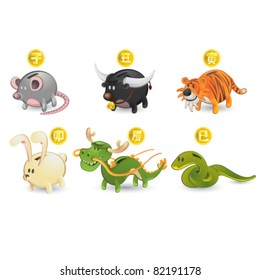 Piggy Bank of Chinese Zodiac Icon Set: Rat, Ox, Tiger, Rabbit, Dragon, Snake