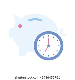 Piggy bank with clock, concept flat icon of time saving in trendy style