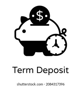 Piggy Bank With Clock Denoting Glyph Icon Of Term Deposit 