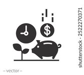 piggy bank with clock, saving time and money, icon, deposit income, management plan concept, economy investment, flat vector illustration