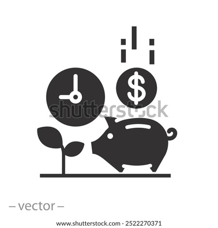 piggy bank with clock, saving time and money, icon, deposit income, management plan concept, economy investment, flat vector illustration