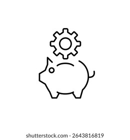Piggy bank and cogwheel. Financial settings, savings management, budget configuration, investment control, money optimization. Pixel perfect, editable stroke vector icon
