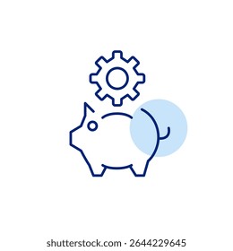 Piggy bank and cogwheel. Financial settings, savings management, budget configuration, investment control, money optimization. Pixel perfect, editable stroke vector icon